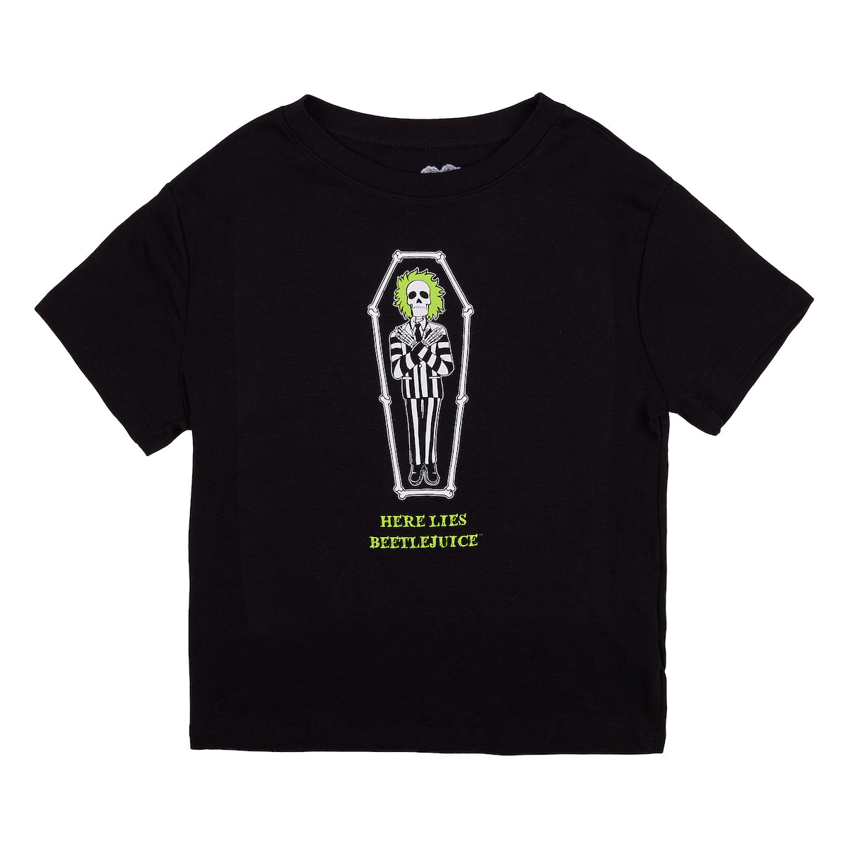 Beetlejuice Here Lies Betelgeuse Women's Black Crew Neck Short Sleeve 18" Baby Tee