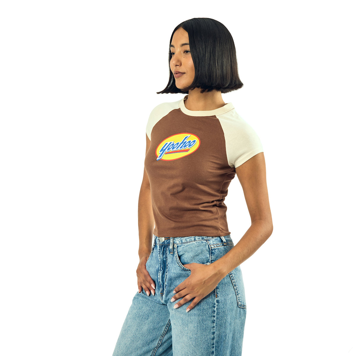 Yoo-Hoo Logo Women's Brown Crew Neck Short Sleeve Baby Raglan Tee