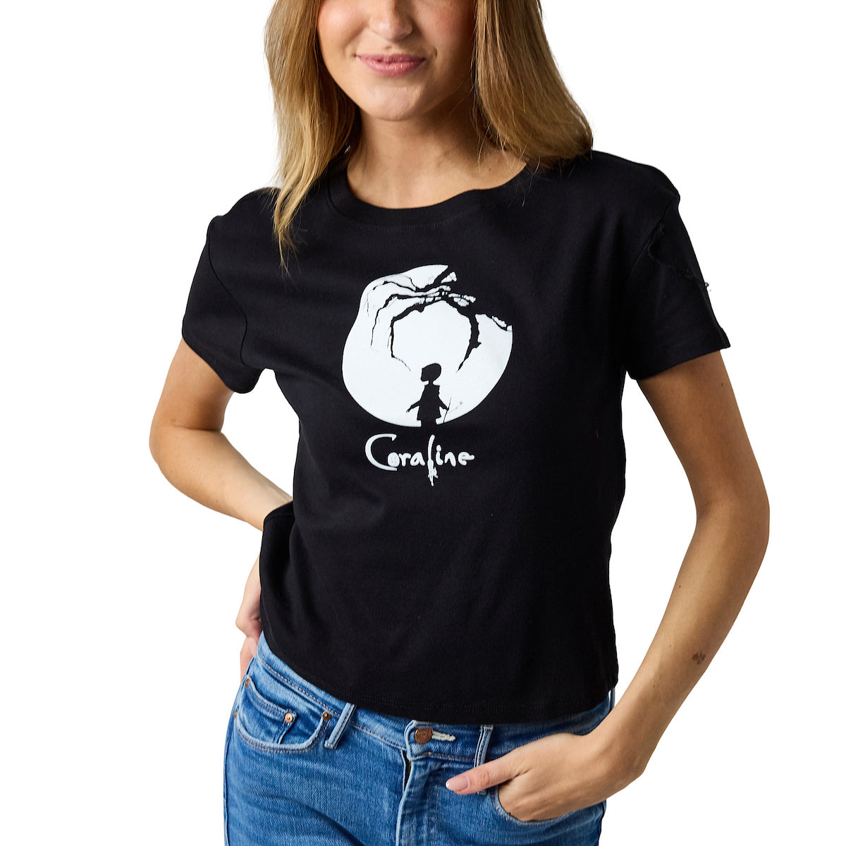 Coraline Full Moon Silhouette Women's Black Crew Neck Short Sleeve Baby Tee