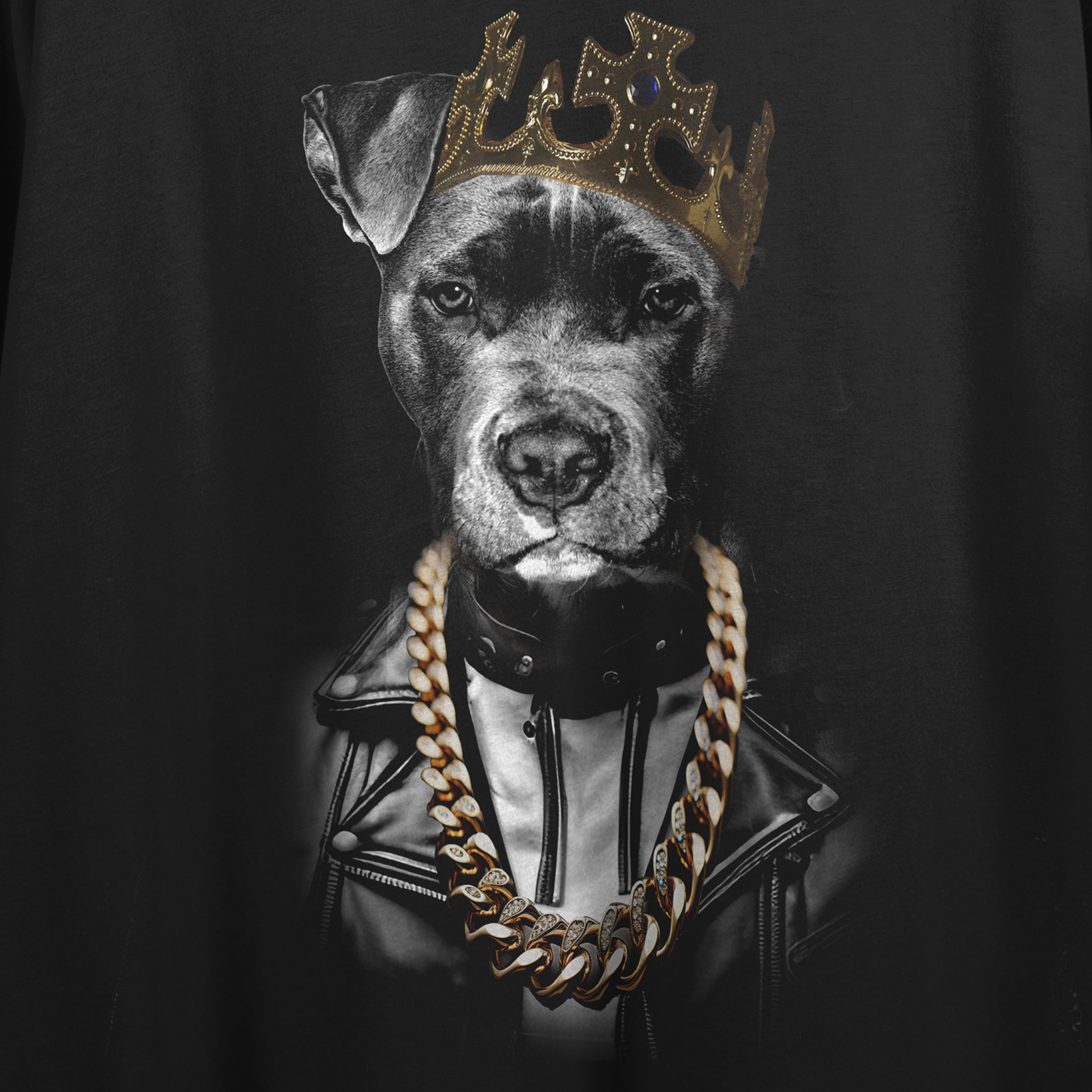 Dog With Leather Jacket & Crown Crew Neck Short Sleeve Women's Black Crop Top
