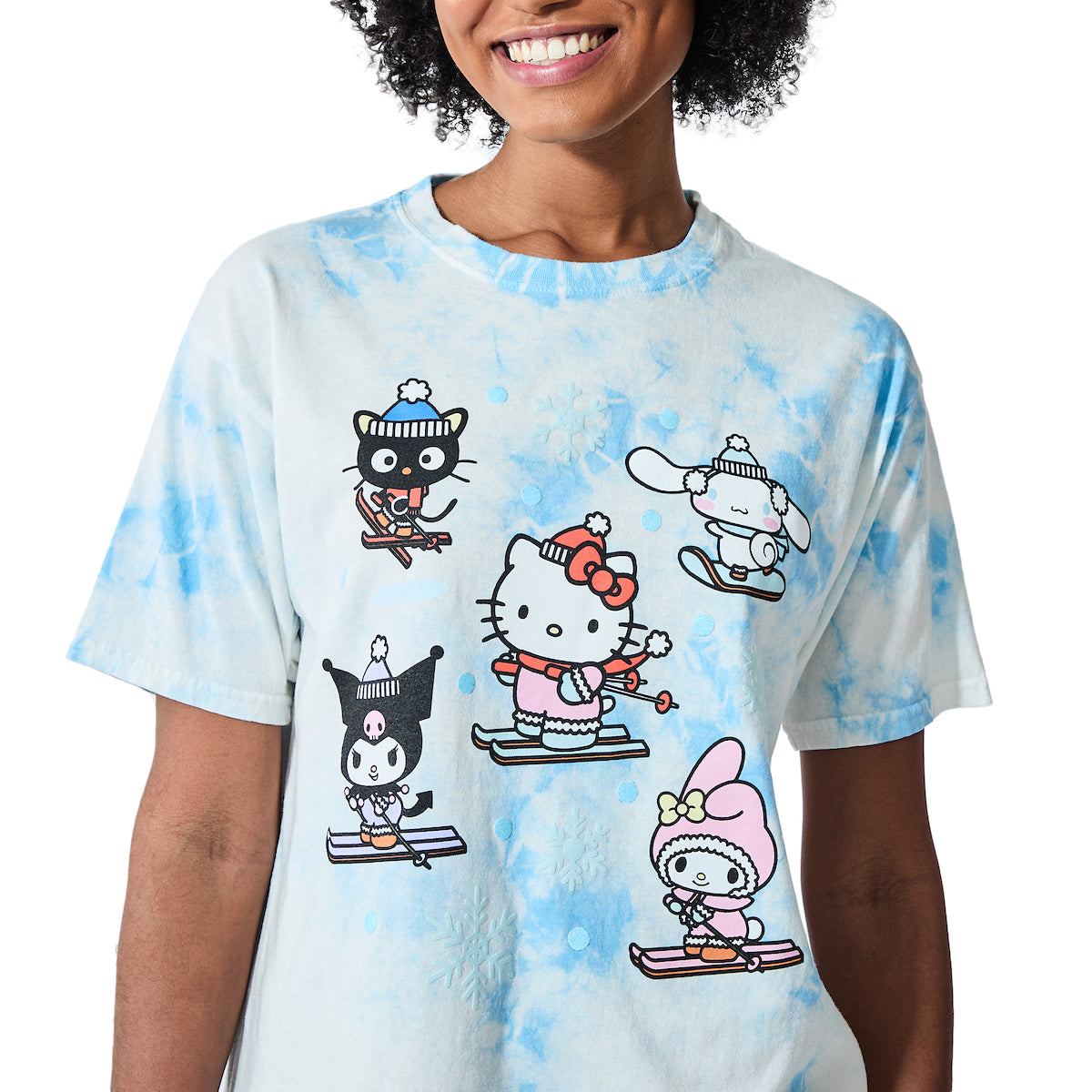 Hello Kitty & Friends Characters Skiing Women's Blue Cloud Wash Crew Neck Short Sleeve T-shirt