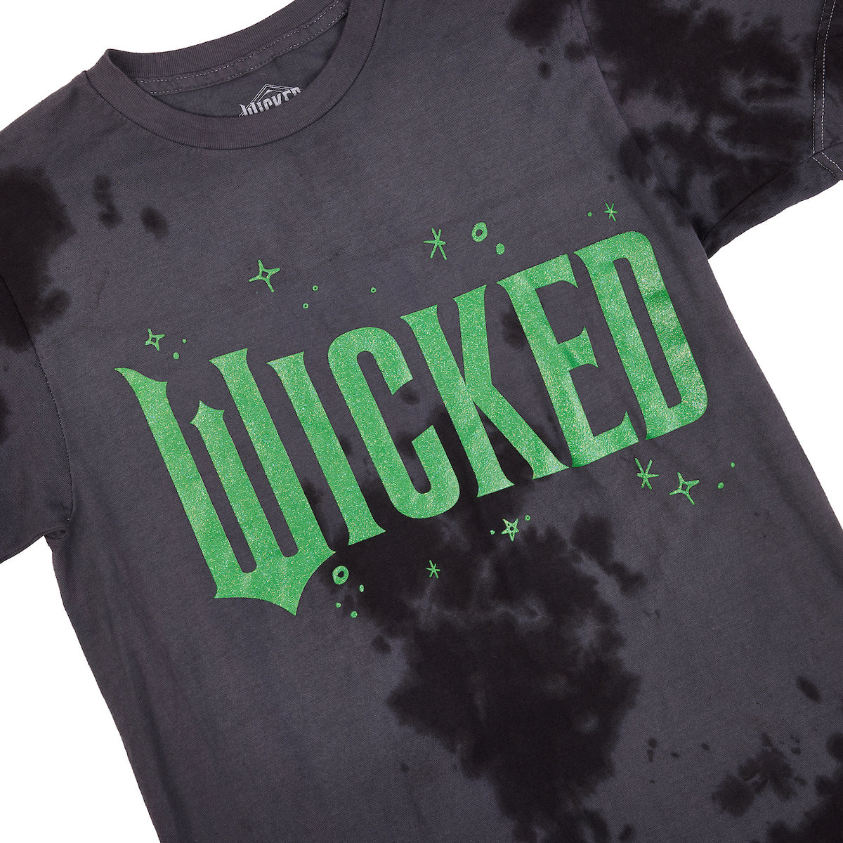 Wicked Green Glitter Print Movie Logo Men's Black Cloud Wash Crew Neck Short Sleeve T-shirt