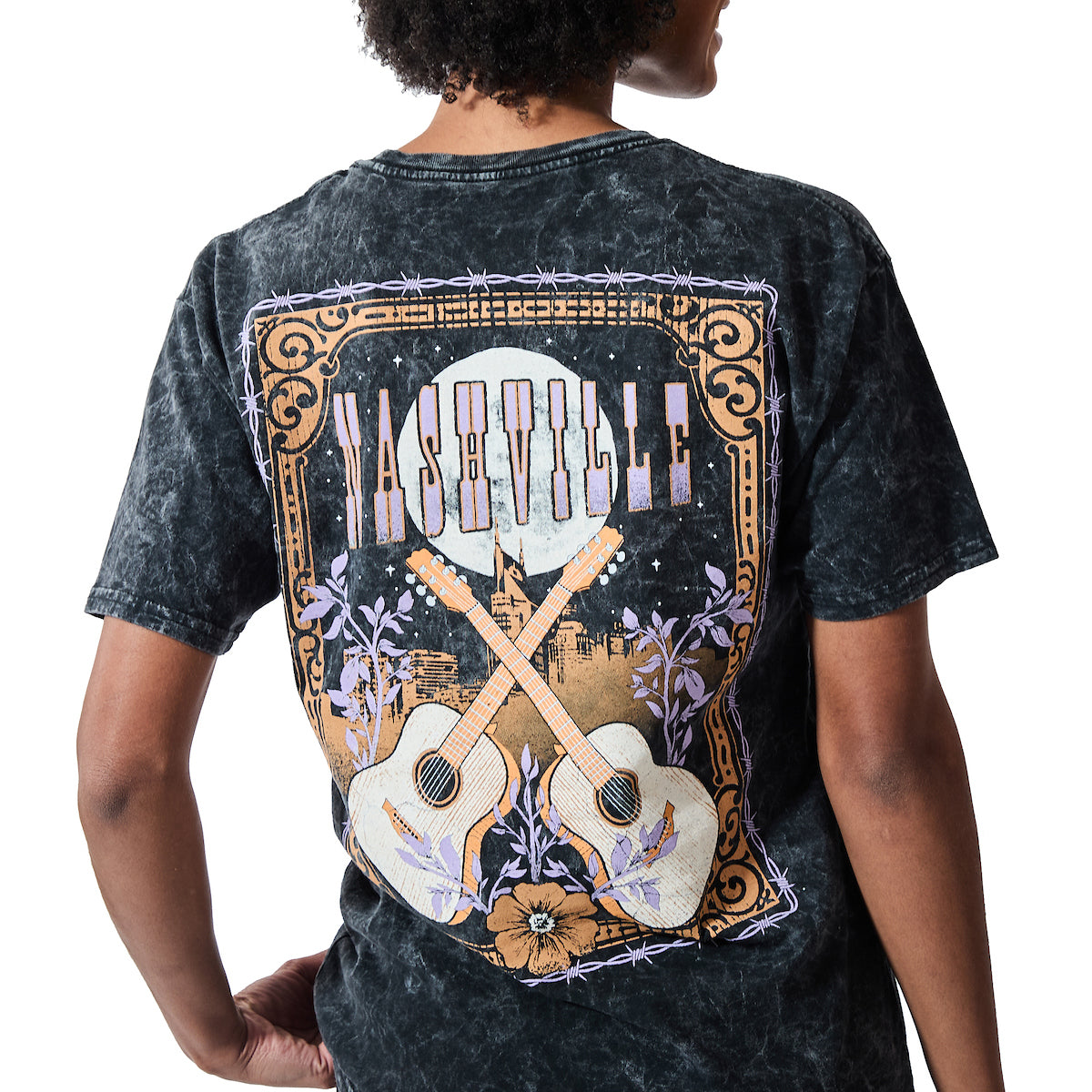 Nashville Guitars & Flowers Women's Mineral Wash Crew Neck Short Sleeve T-shirt