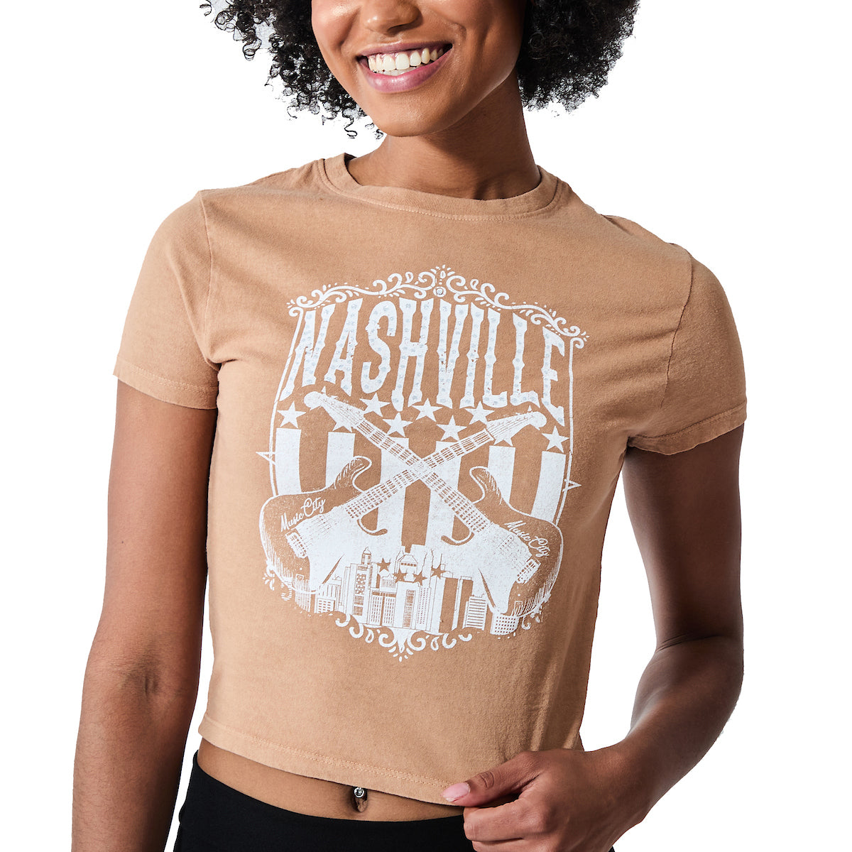 Nashville Guitars & Cityscape Women's Brown Crew Neck Short Sleeve Baby Tee
