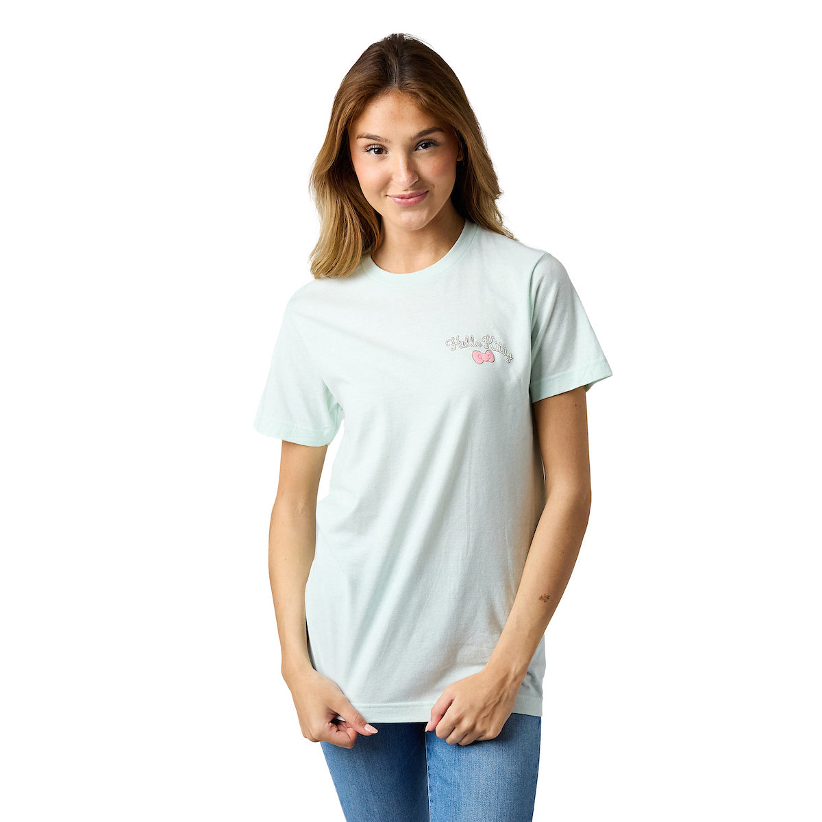 Hello Kitty Puff Print Character With Bow & Heart Women's Light Green Crew Neck Short Sleeve T-shirt