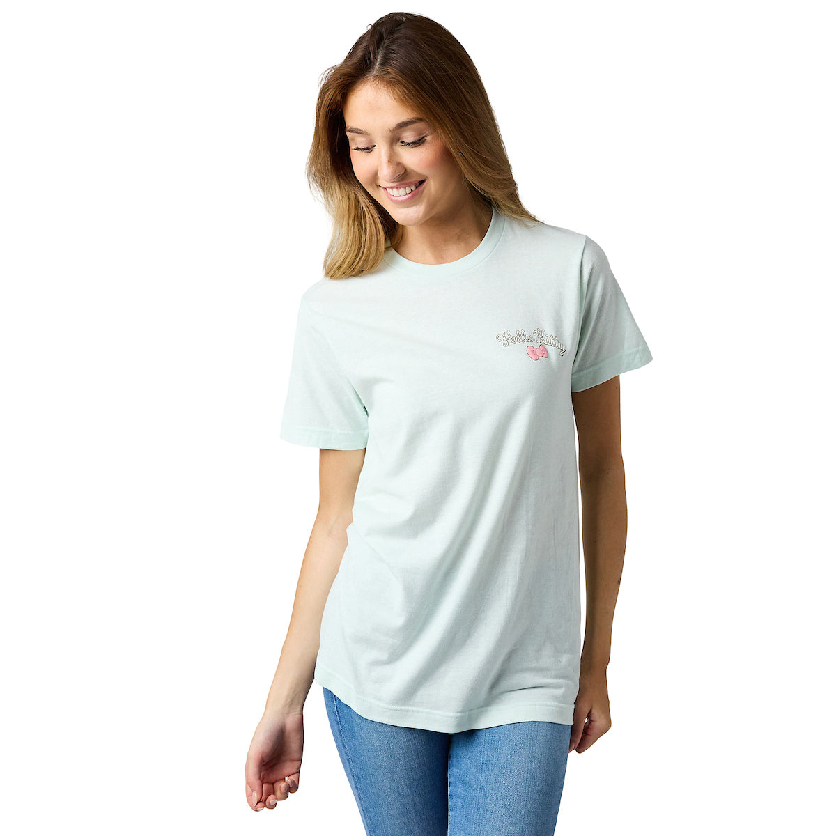 Hello Kitty Puff Print Character With Bow & Heart Women's Light Green Crew Neck Short Sleeve T-shirt