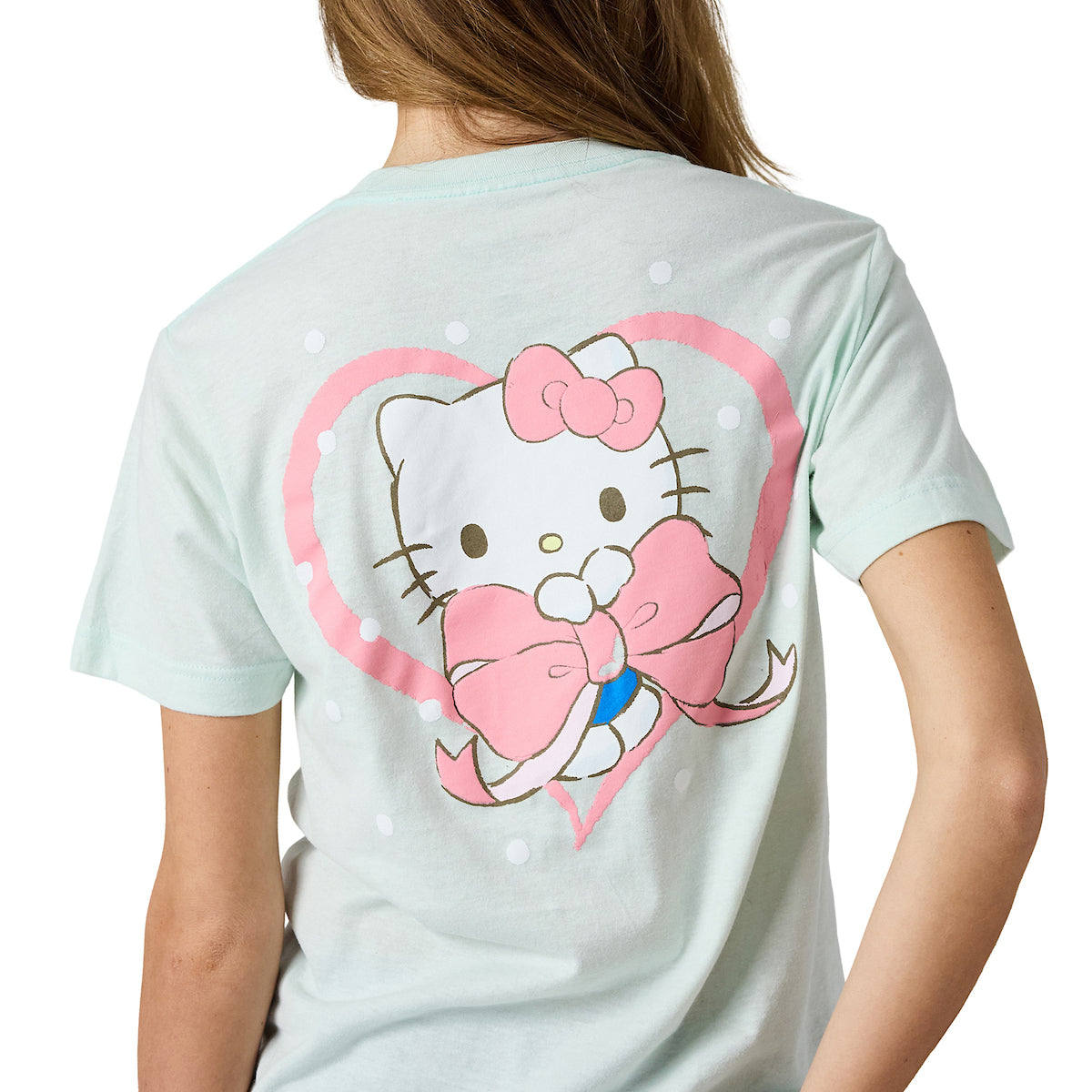 Hello Kitty Puff Print Character With Bow & Heart Women's Light Green Crew Neck Short Sleeve T-shirt