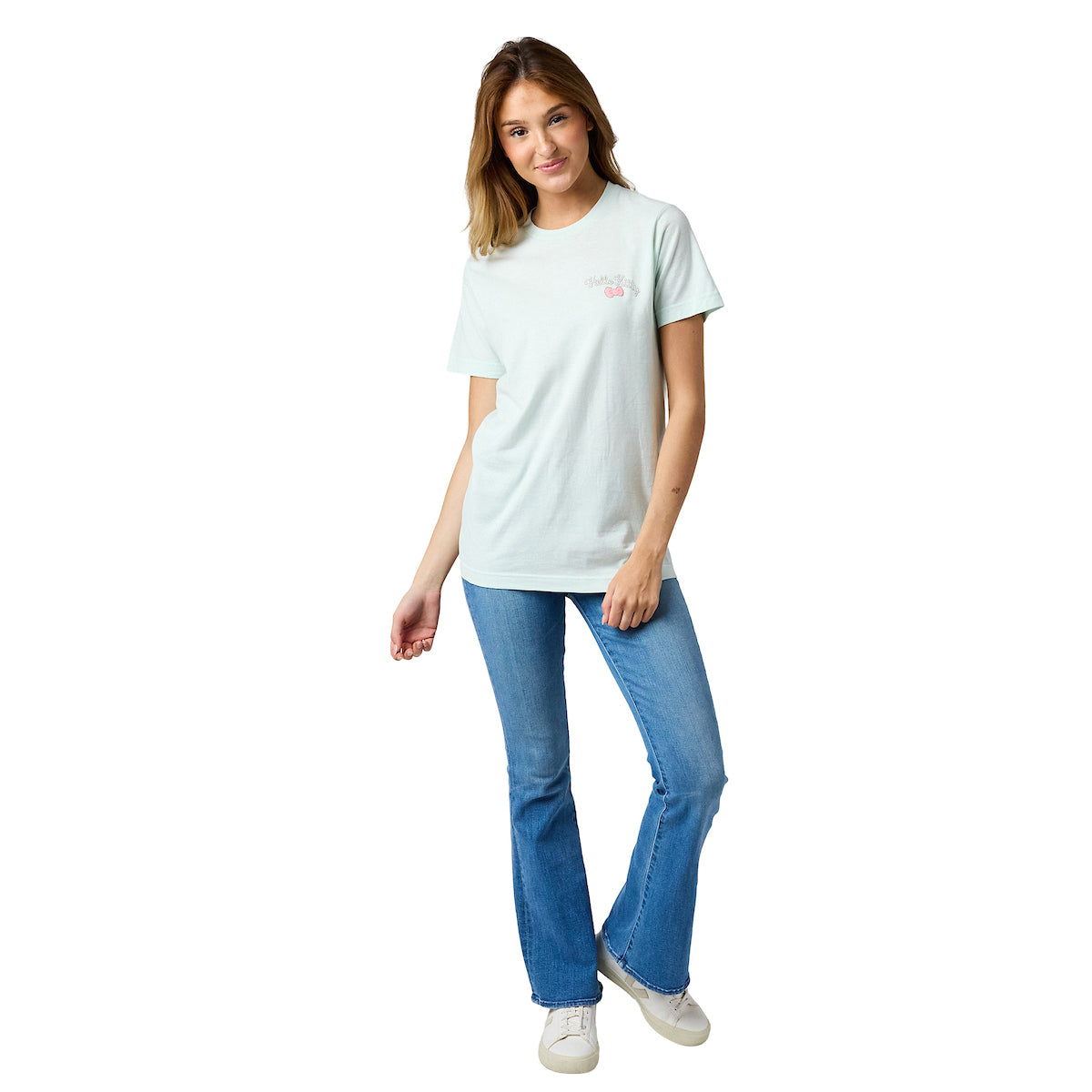 Hello Kitty Puff Print Character With Bow & Heart Women's Light Green Crew Neck Short Sleeve T-shirt