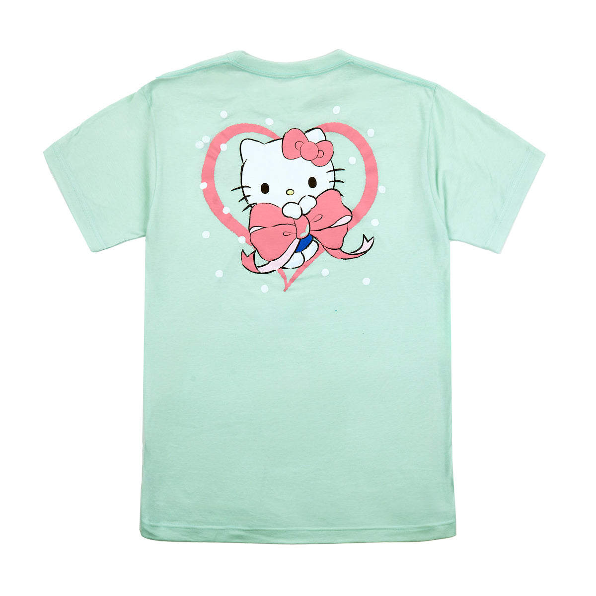 Hello Kitty Puff Print Character With Bow & Heart Women's Light Green Crew Neck Short Sleeve T-shirt