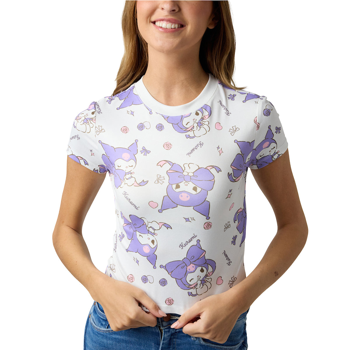 Kuromi Character Heads All-Over Print Women's White Crew Neck Short Sleeve Baby Tee