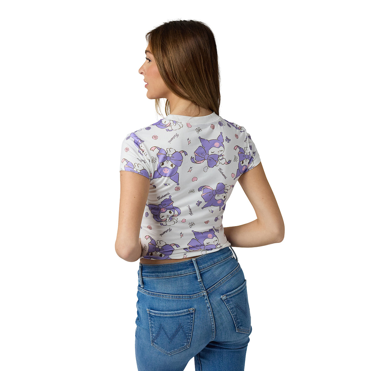 Kuromi Character Heads All-Over Print Women's White Crew Neck Short Sleeve Baby Tee