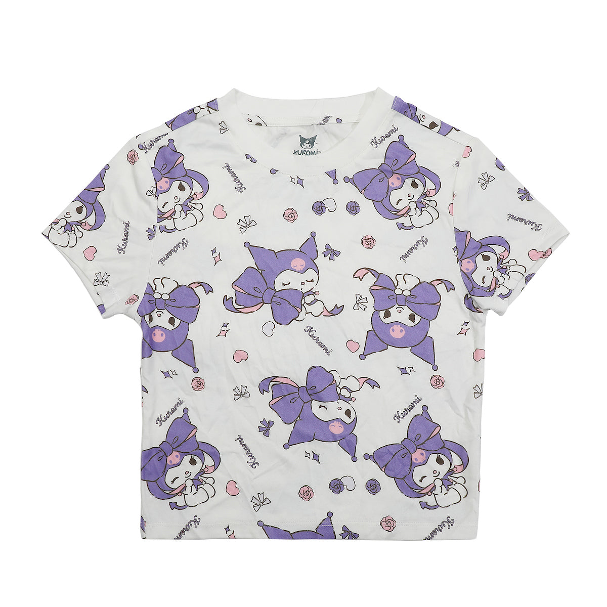 Kuromi Character Heads All-Over Print Women's White Crew Neck Short Sleeve Baby Tee