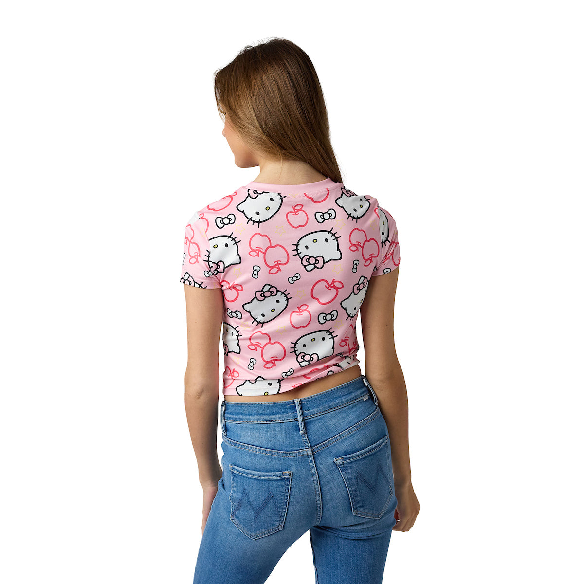 Hello Kitty Character Heads All-Over Print Women's Pink Crew Neck Short Sleeve Baby Tee