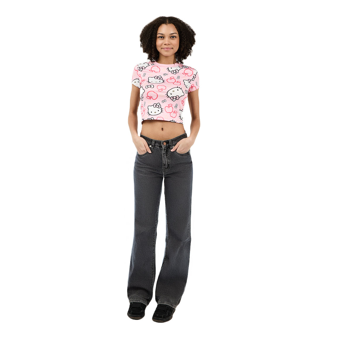 Hello Kitty Character Heads All-Over Print Women's Pink Crew Neck Short Sleeve Baby Tee