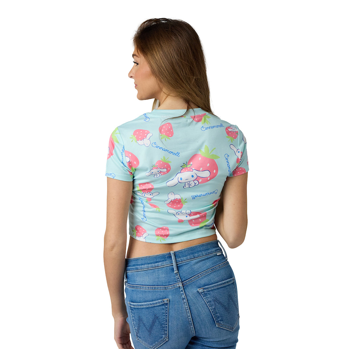 Cinnamoroll & Strawberries All-Over Print Women's Blue Crew Neck Short Sleeve Baby Tee