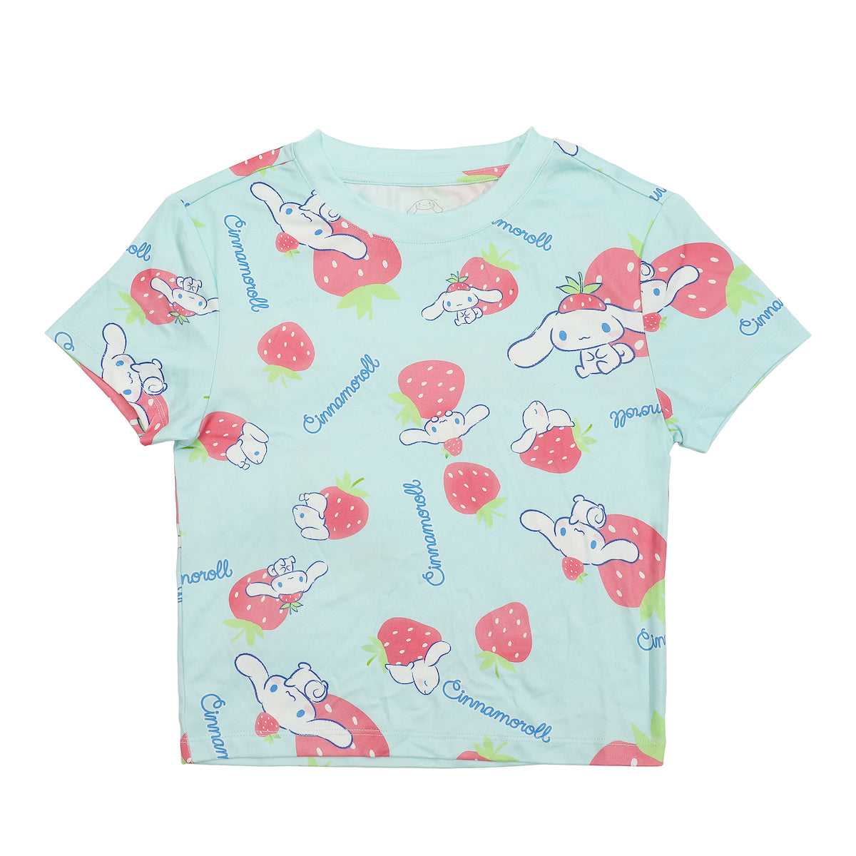 Cinnamoroll & Strawberries All-Over Print Women's Blue Crew Neck Short Sleeve Baby Tee