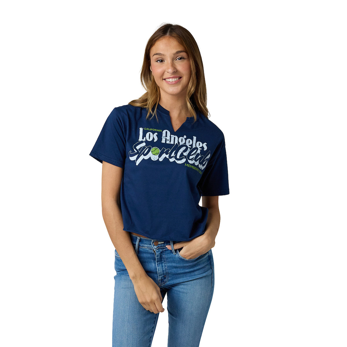 Los Angeles California Women's Navy V-Neck Short Sleeve Cropped Tee