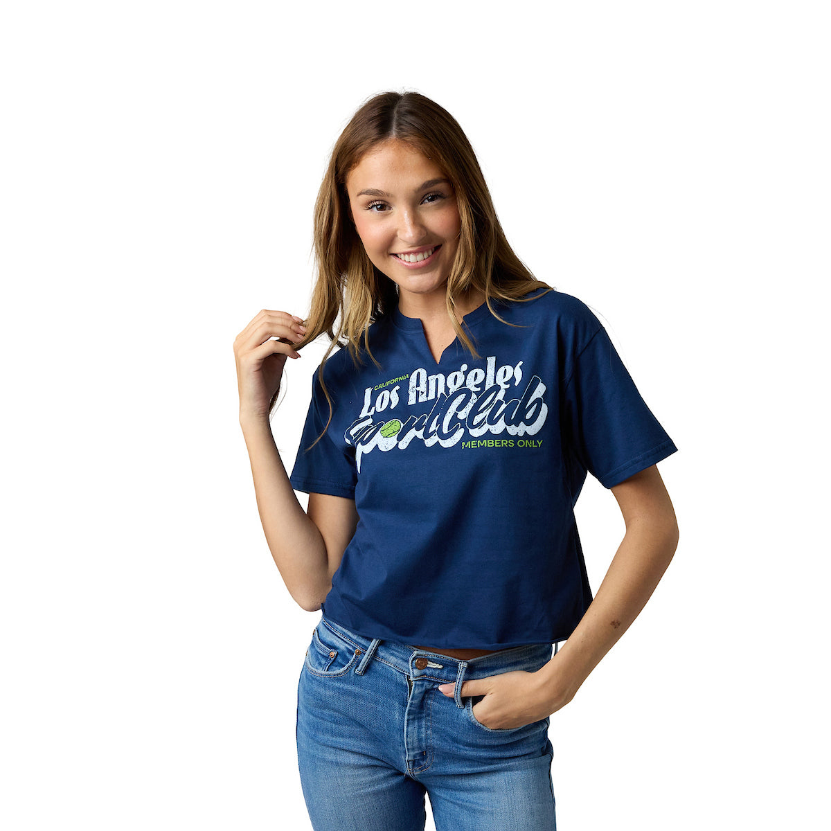 Los Angeles California Women's Navy V-Neck Short Sleeve Cropped Tee