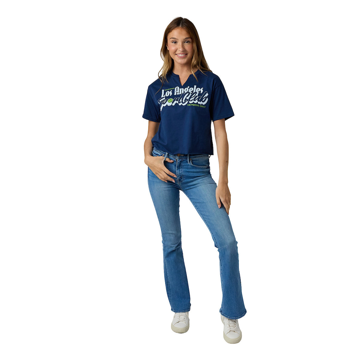 Los Angeles California Women's Navy V-Neck Short Sleeve Cropped Tee