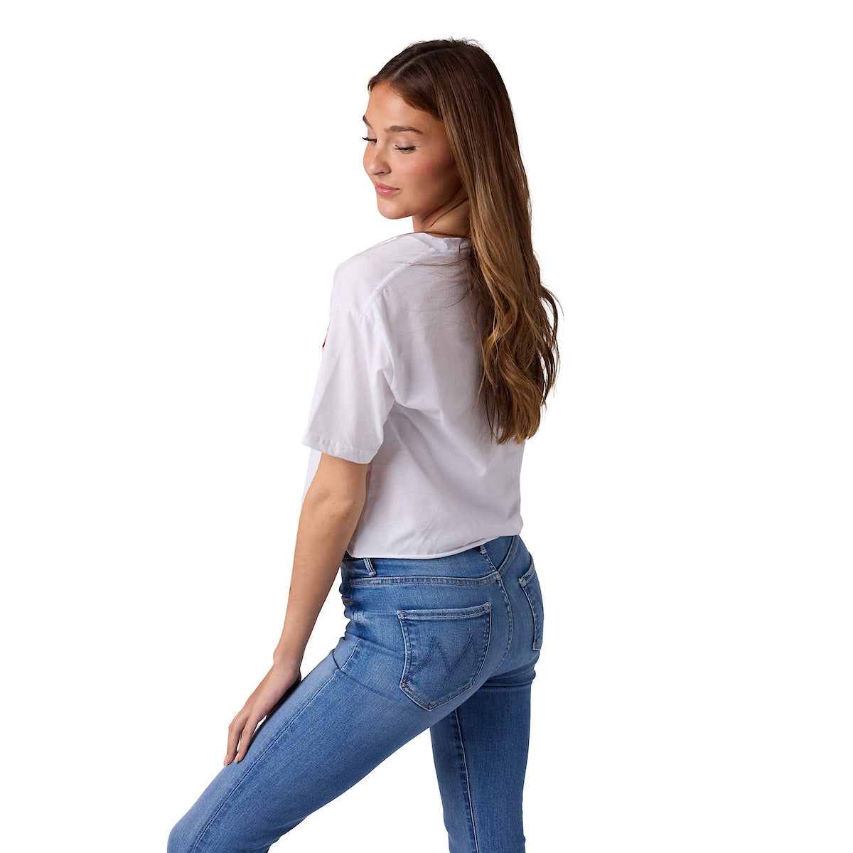 New York Shooting Star NYC USA Women's White V-Neck Short Sleeve Cropped Tee