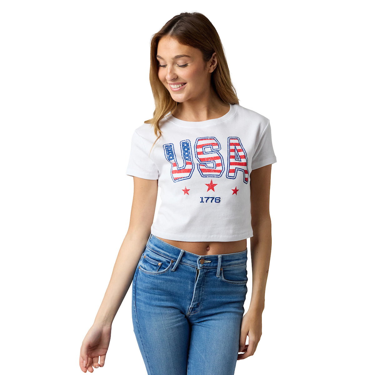 Stars & Stripes USA Women's White Crew Neck Short Sleeve Tee