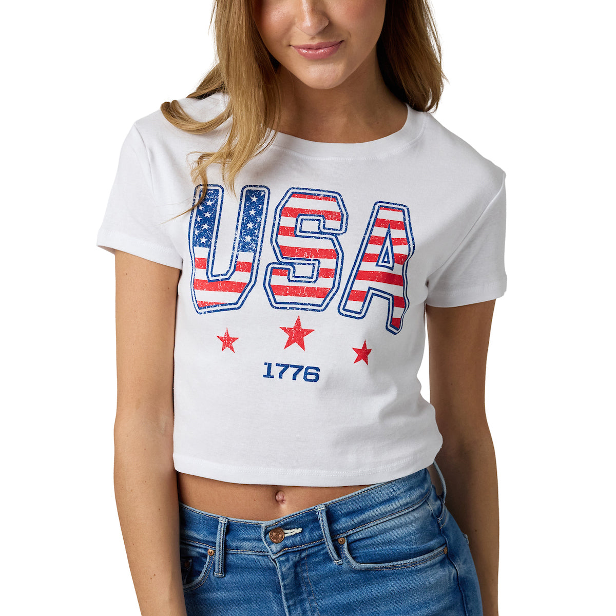 Stars & Stripes USA Women's White Crew Neck Short Sleeve Tee