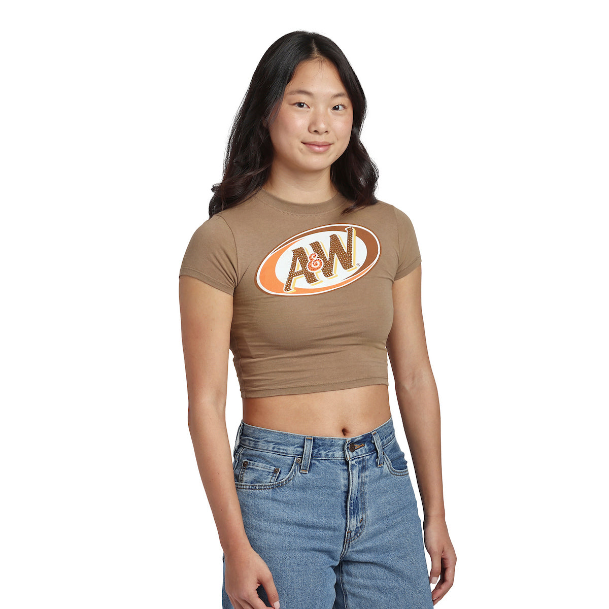 A&W Root Beer Logo Women's Brown Mineral Wash Crew Neck Short Sleeve Cropped Baby Tee