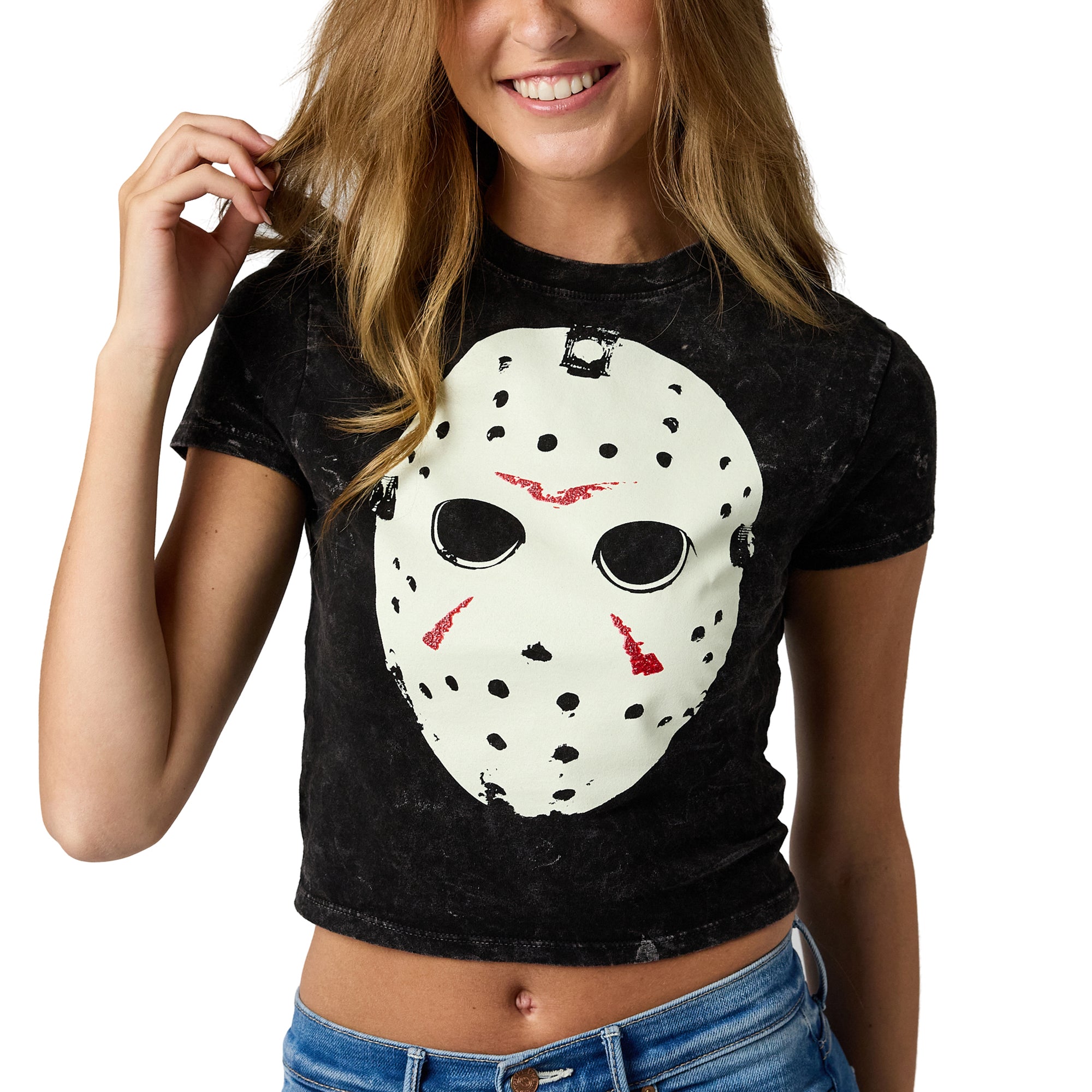 Friday The 13th Hockey Mask Women's Gray Mineral Wash Crew Neck Short Sleeve Cropped Baby Tee