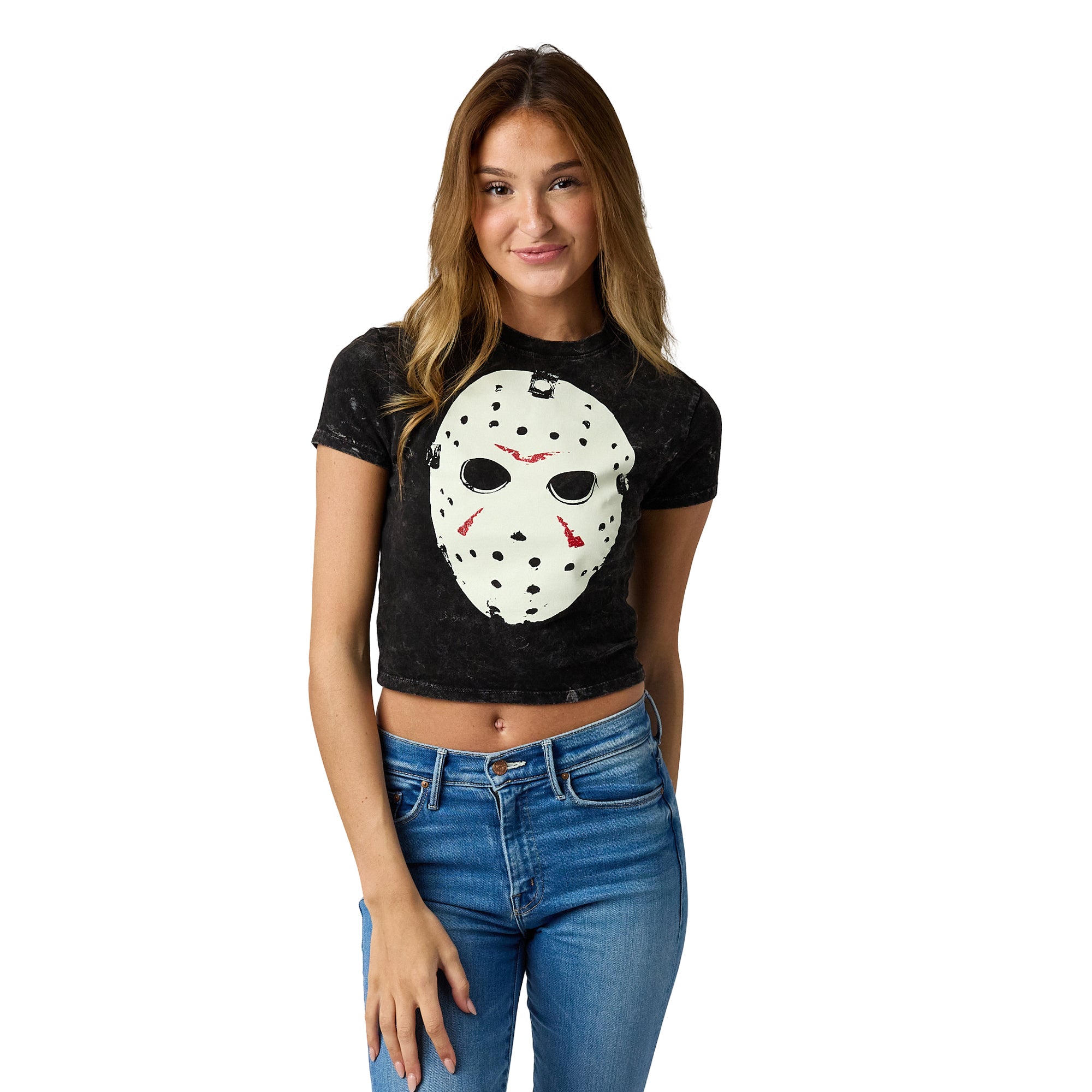 Friday The 13th Hockey Mask Women's Gray Mineral Wash Crew Neck Short Sleeve Cropped Baby Tee