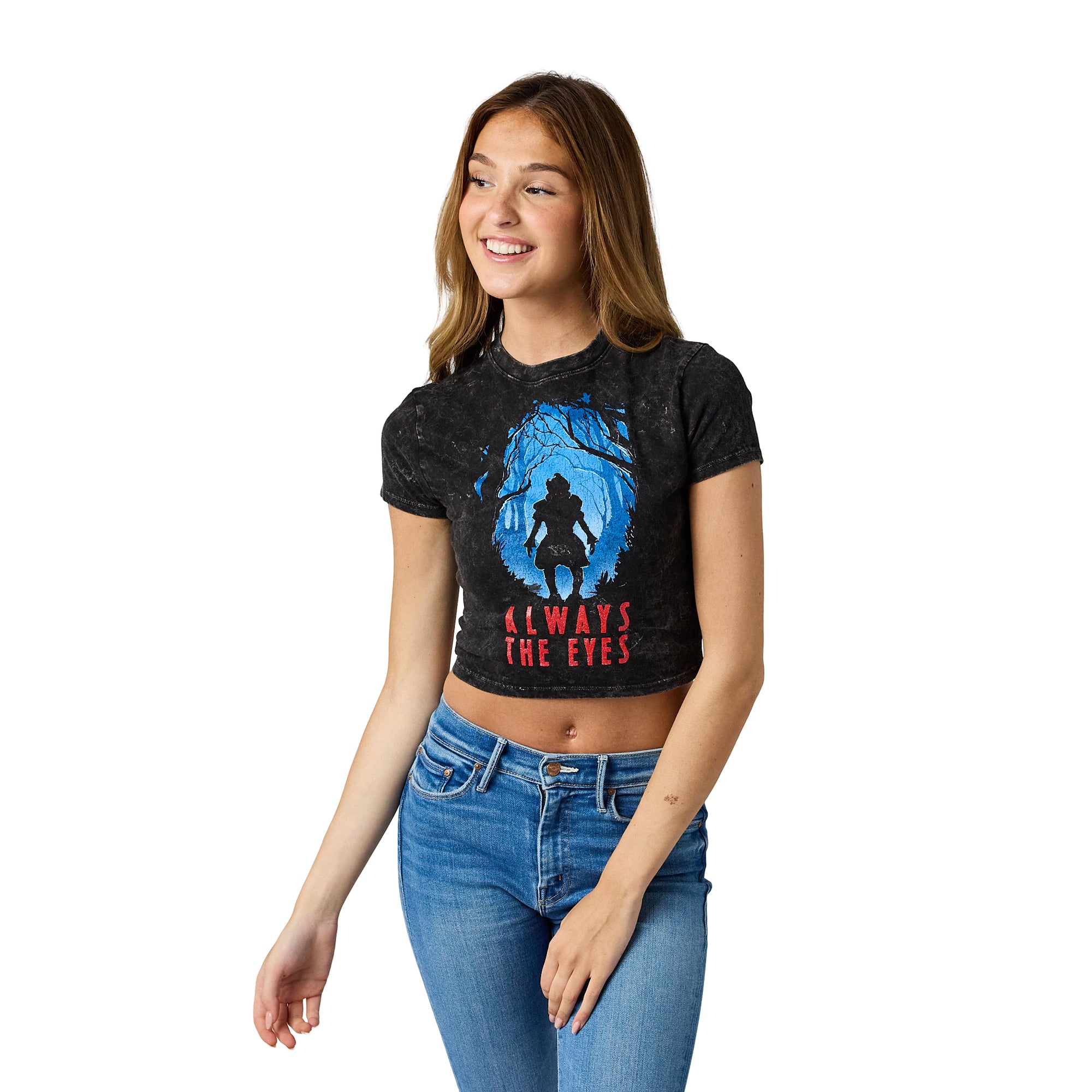 Welcome To Derry Pennywise Always The Eyes Women's Black Mineral Wash Crew Neck Short Sleeve Cropped Baby Tee