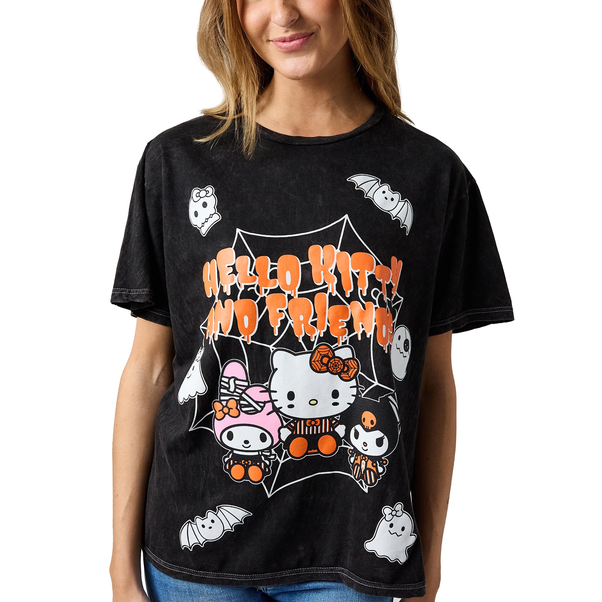Hello Kitty Halloween Spiderweb Ghosts and Bats Women's Tee on Black Mineral Wash