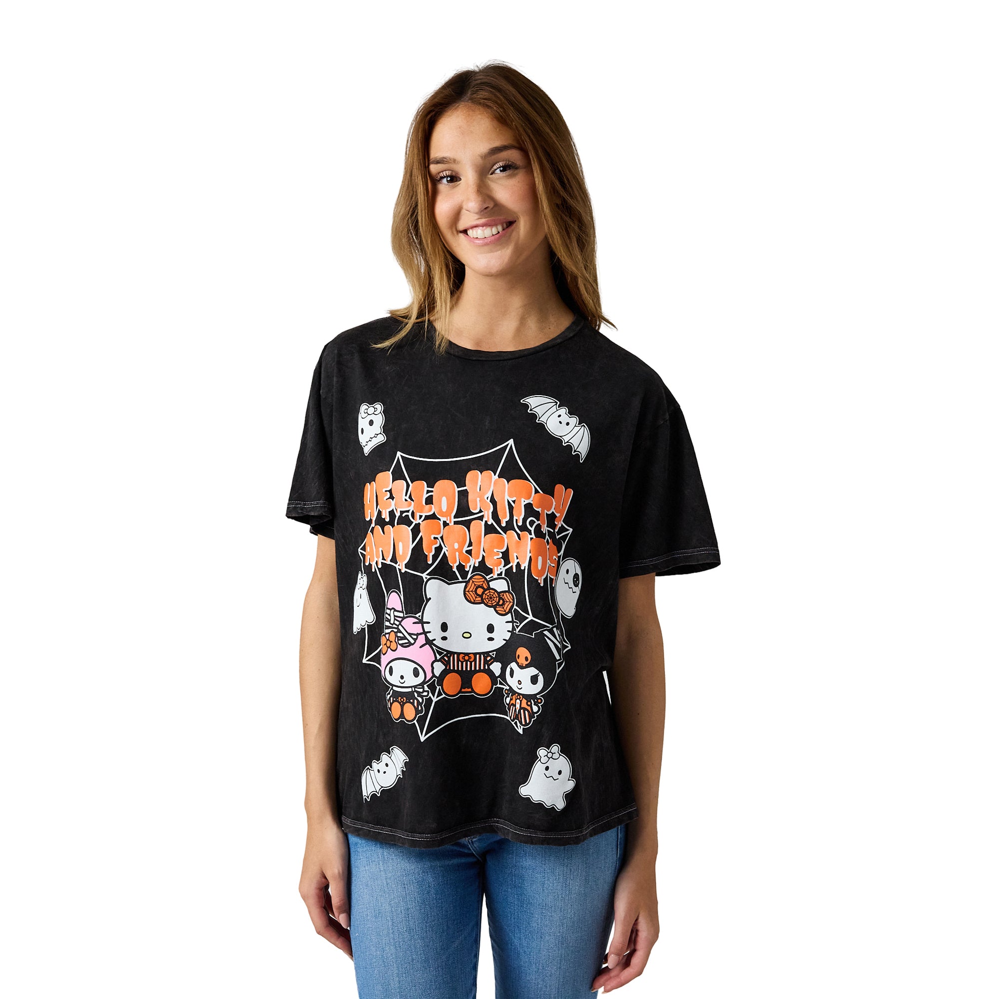 Hello Kitty Halloween Spiderweb Ghosts and Bats Women's Tee on Black Mineral Wash