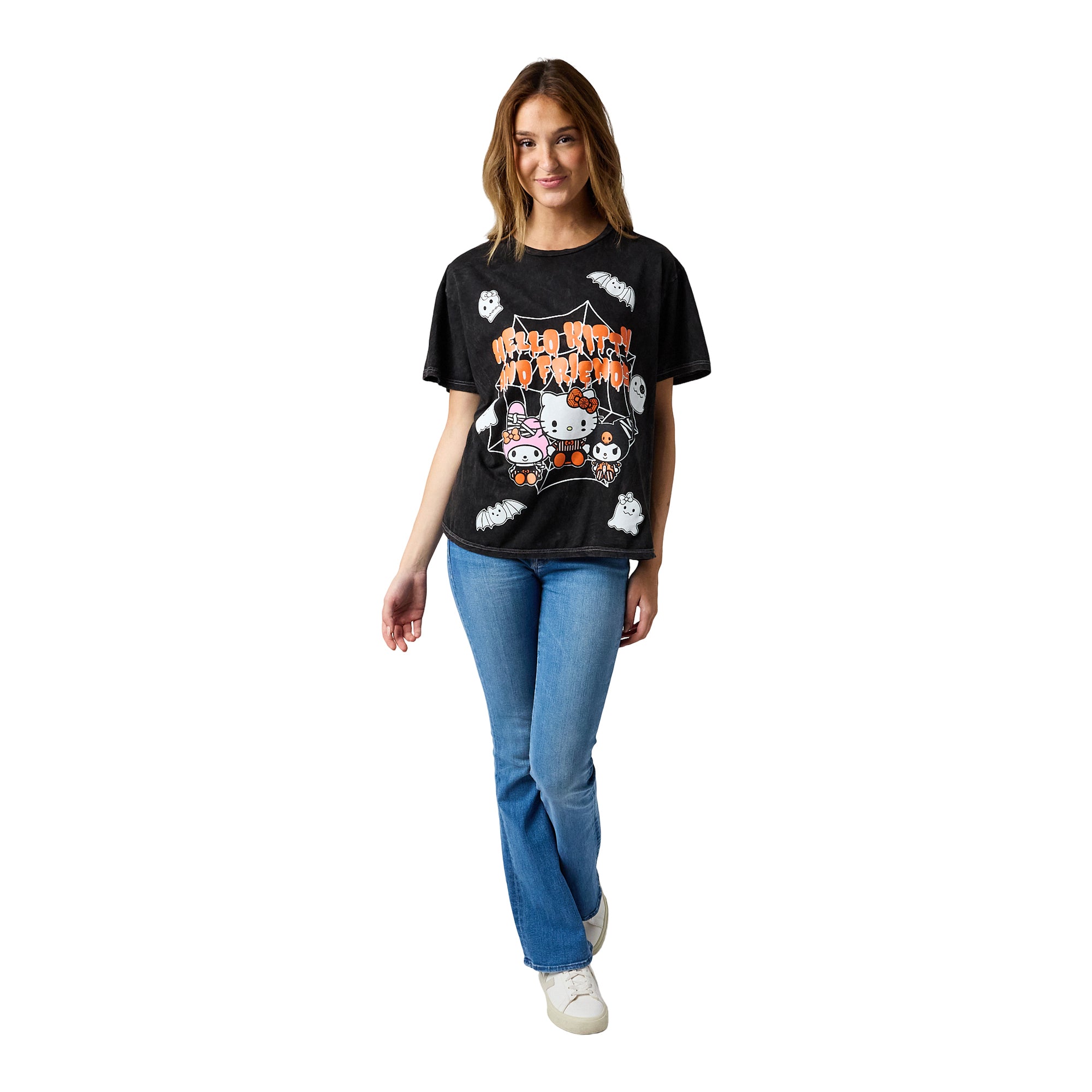 Hello Kitty Halloween Spiderweb Ghosts and Bats Women's Tee on Black Mineral Wash