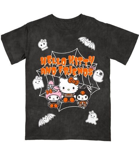Hello Kitty Halloween Spiderweb Ghosts and Bats Women's Tee on Black Mineral Wash
