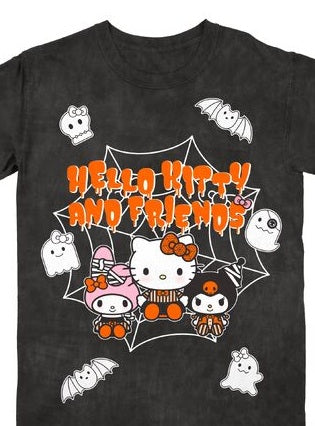 Hello Kitty Halloween Spiderweb Ghosts and Bats Women's Tee on Black Mineral Wash