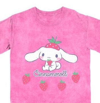 Cinnamoroll Strawberries Women's Pink Mineral Wash Crew Neck Short Sleeve T-shirt