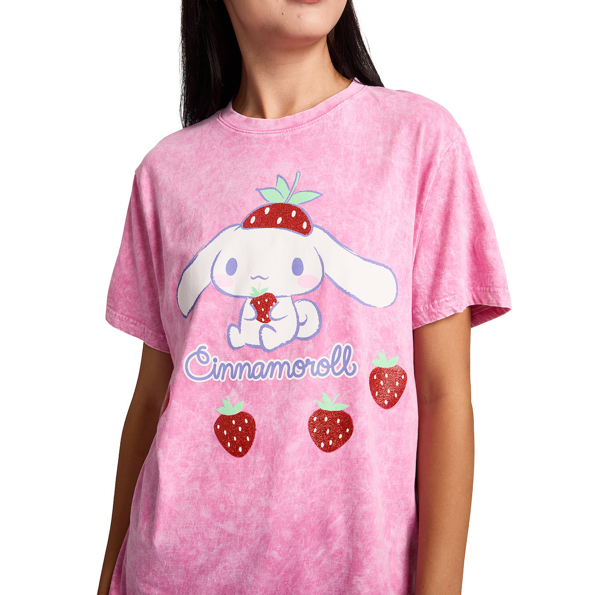 Cinnamoroll Strawberries Women's Pink Mineral Wash Crew Neck Short Sleeve T-shirt