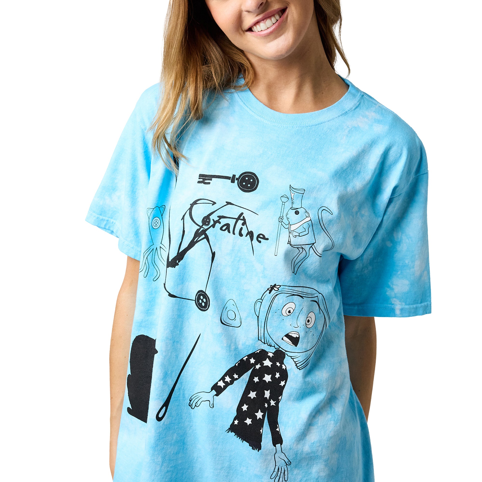 Coraline Character & Icons Women's Blue Mineral Wash Crew Neck Short Sleeve T-shirt