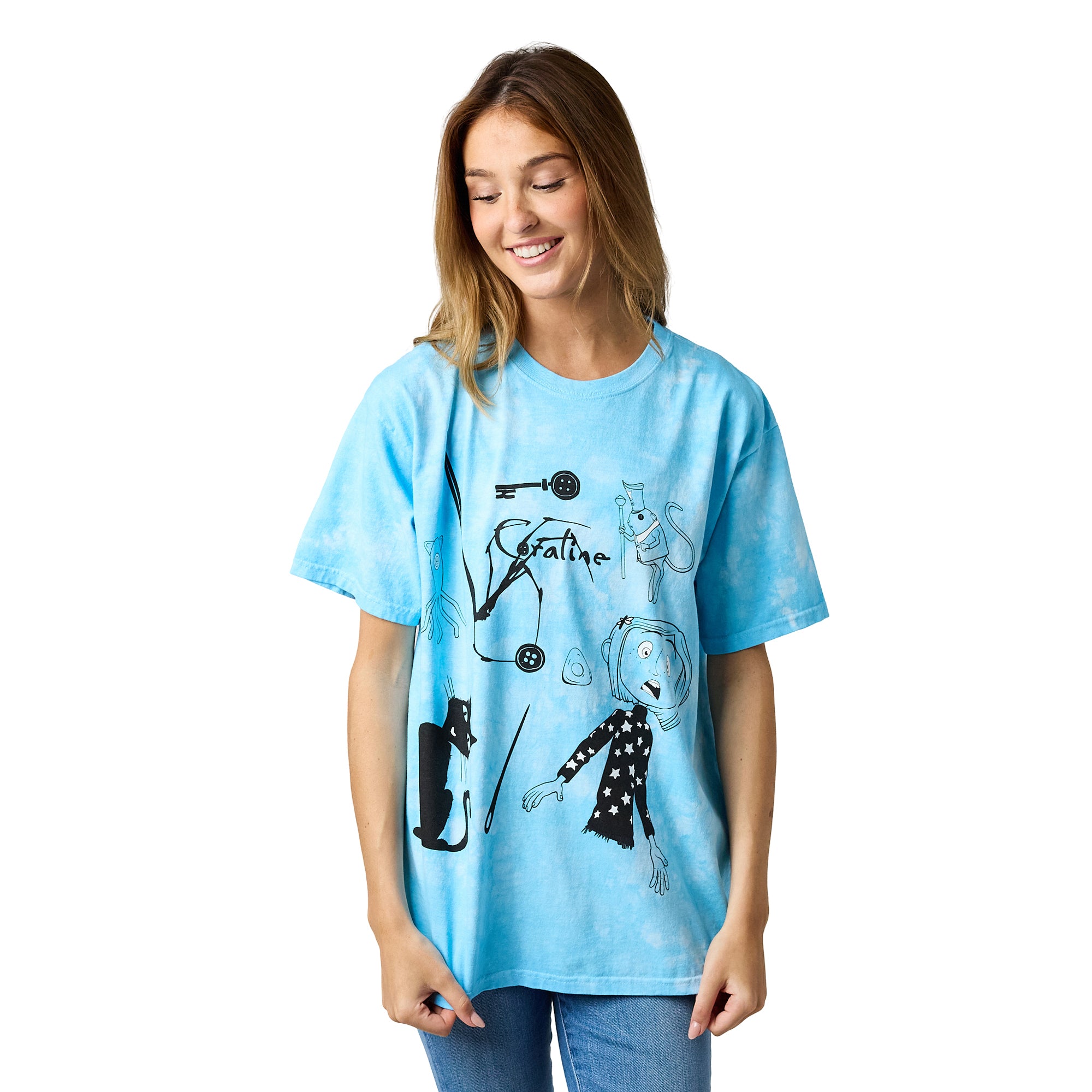 Coraline Character & Icons Women's Blue Mineral Wash Crew Neck Short Sleeve T-shirt