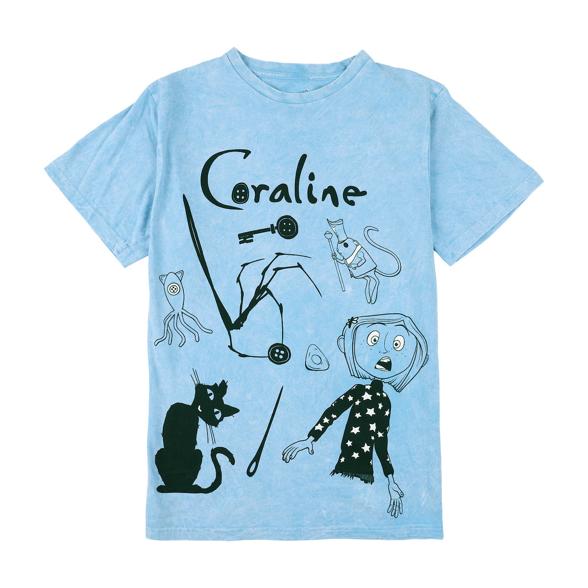 Coraline Character & Icons Women's Blue Mineral Wash Crew Neck Short Sleeve T-shirt