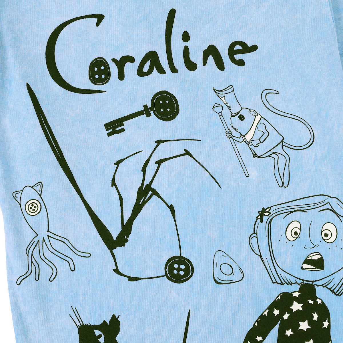 Coraline Character & Icons Women's Blue Mineral Wash Crew Neck Short Sleeve T-shirt