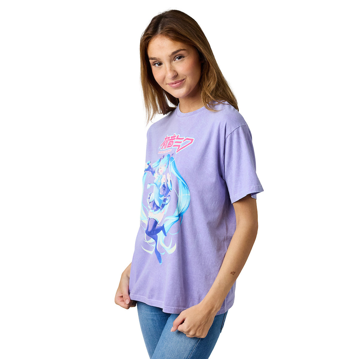 Hatsune Miku Character Logo Women's Purple Mineral Wash Crew Neck Short Sleeve T-shirt