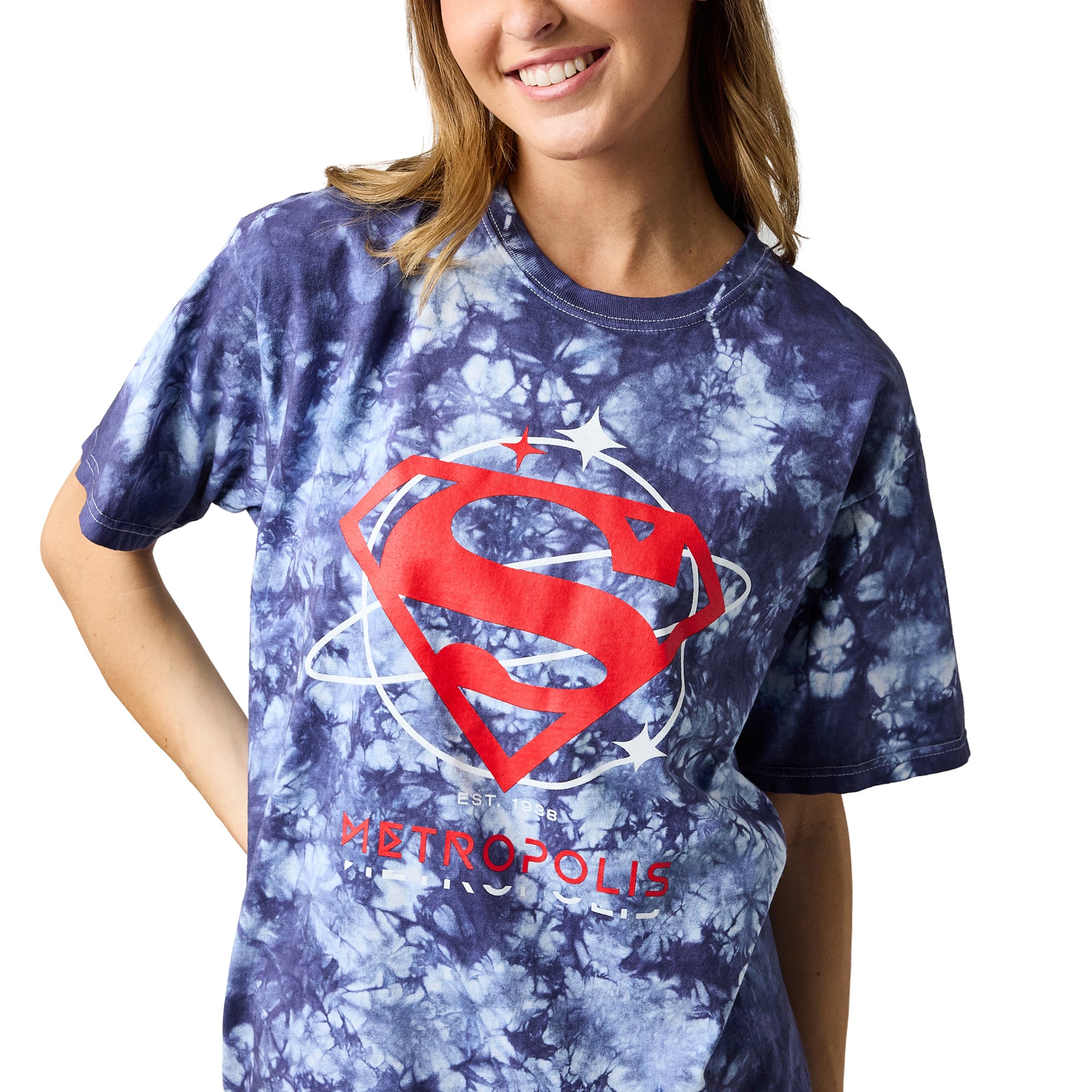 Superman Logo Metropolis Women's Navy Mineral Wash Crew Neck Short Sleeve T-shirt