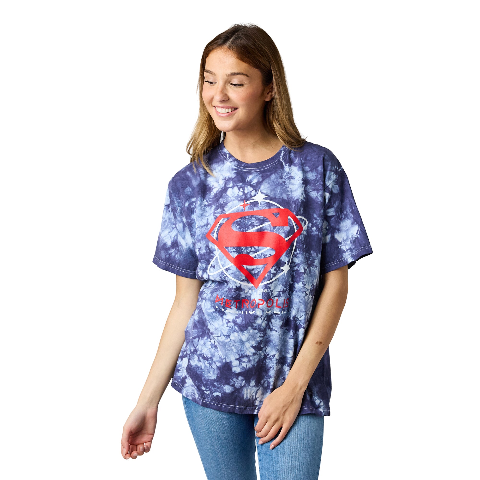 Superman Logo Metropolis Women's Navy Mineral Wash Crew Neck Short Sleeve T-shirt