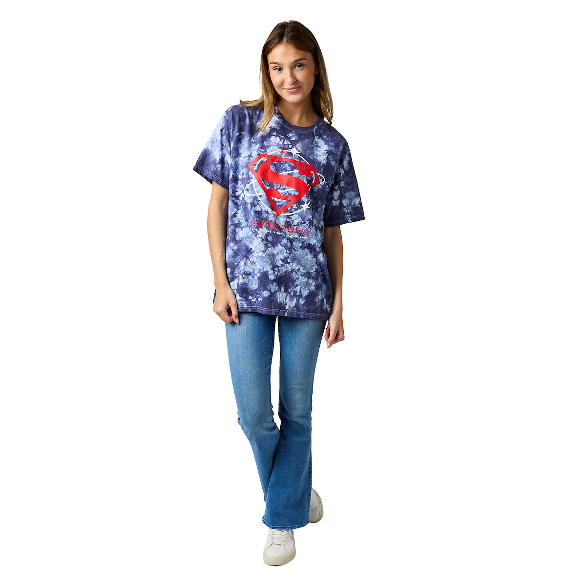 Superman Logo Metropolis Women's Navy Mineral Wash Crew Neck Short Sleeve T-shirt