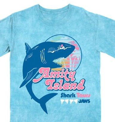 Jaws Amity Island Shark Tours Women's Blue Mineral Wash Crew Neck Short Sleeve T-shirt