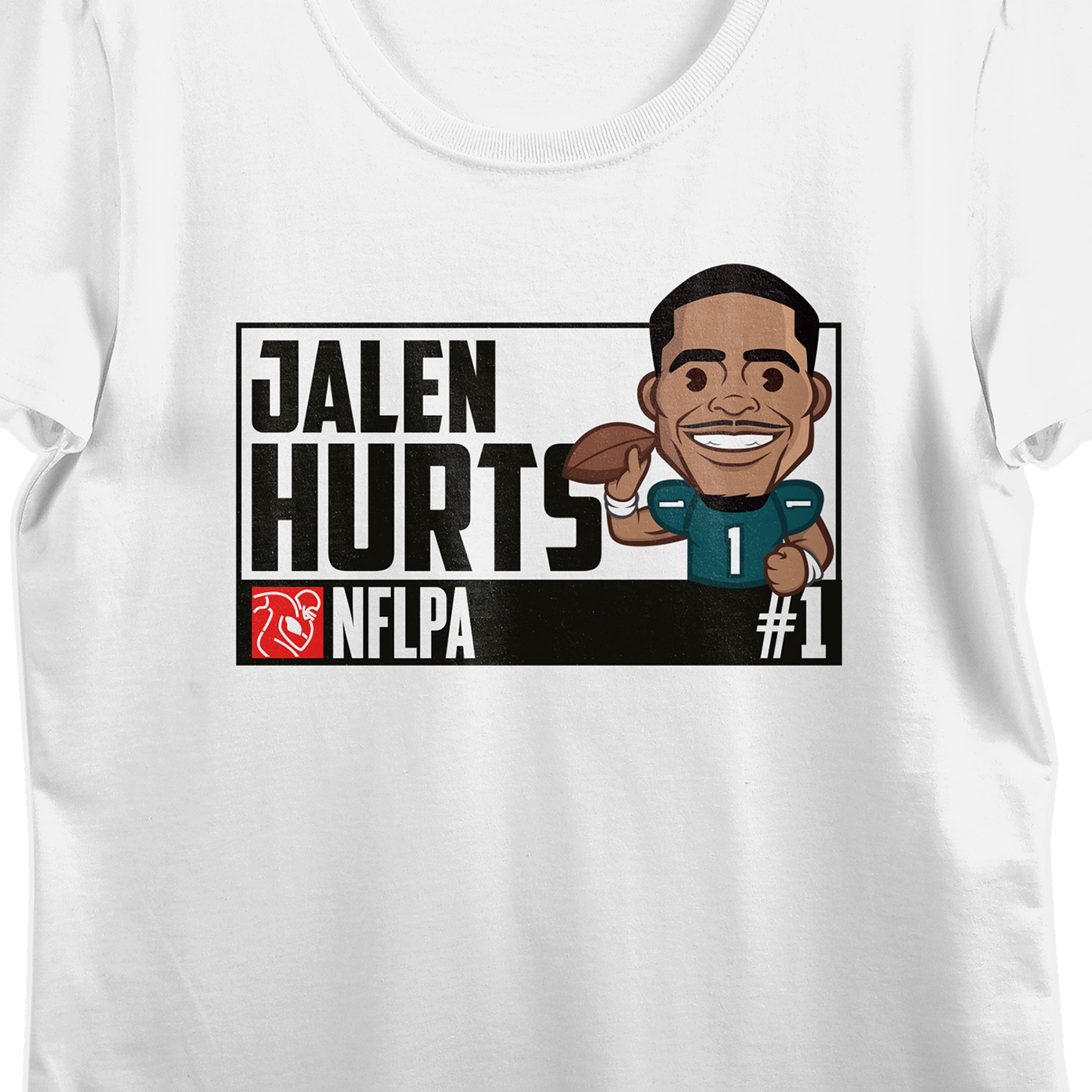 NFLPA 24 Jalen Hurts Caricature Graphic Women's White Crew Neck Short Sleeve T-shirt
