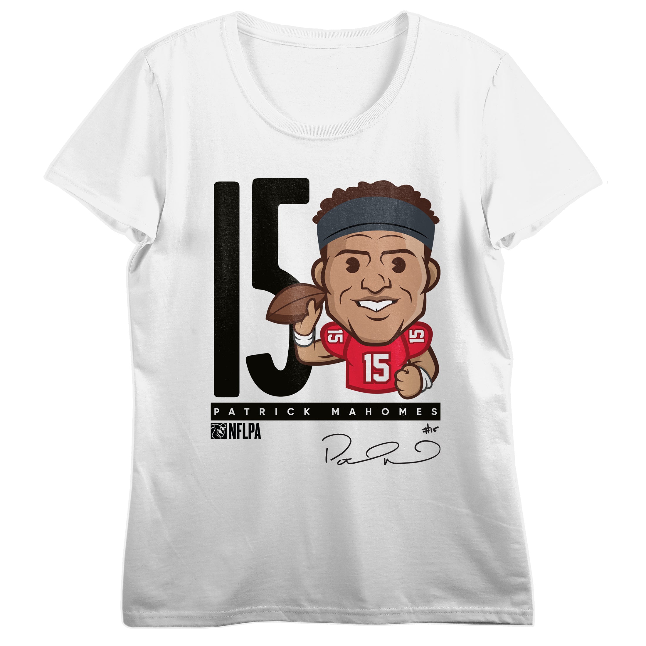 NFLPA Patrick Mahomes 15 Caricature Women's White Crew Neck Short Sleeve T-shirt