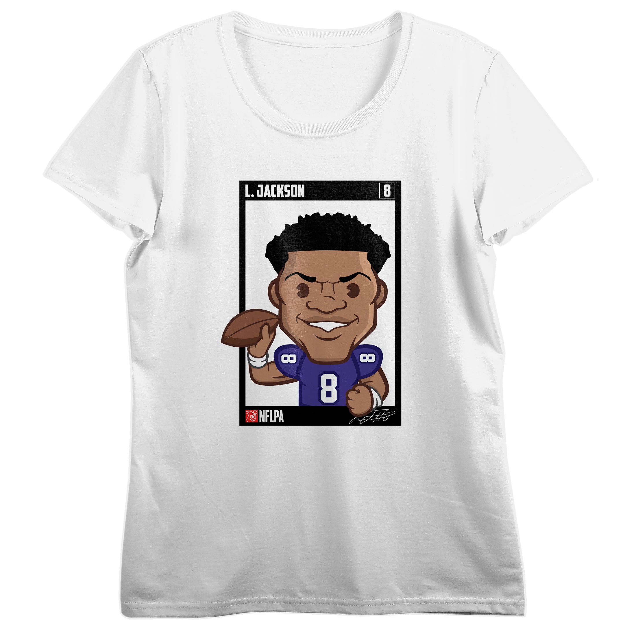 NFLPA Lamar Jackson Vector Caricature Women's White Crew Neck Short Sleeve T-shirt