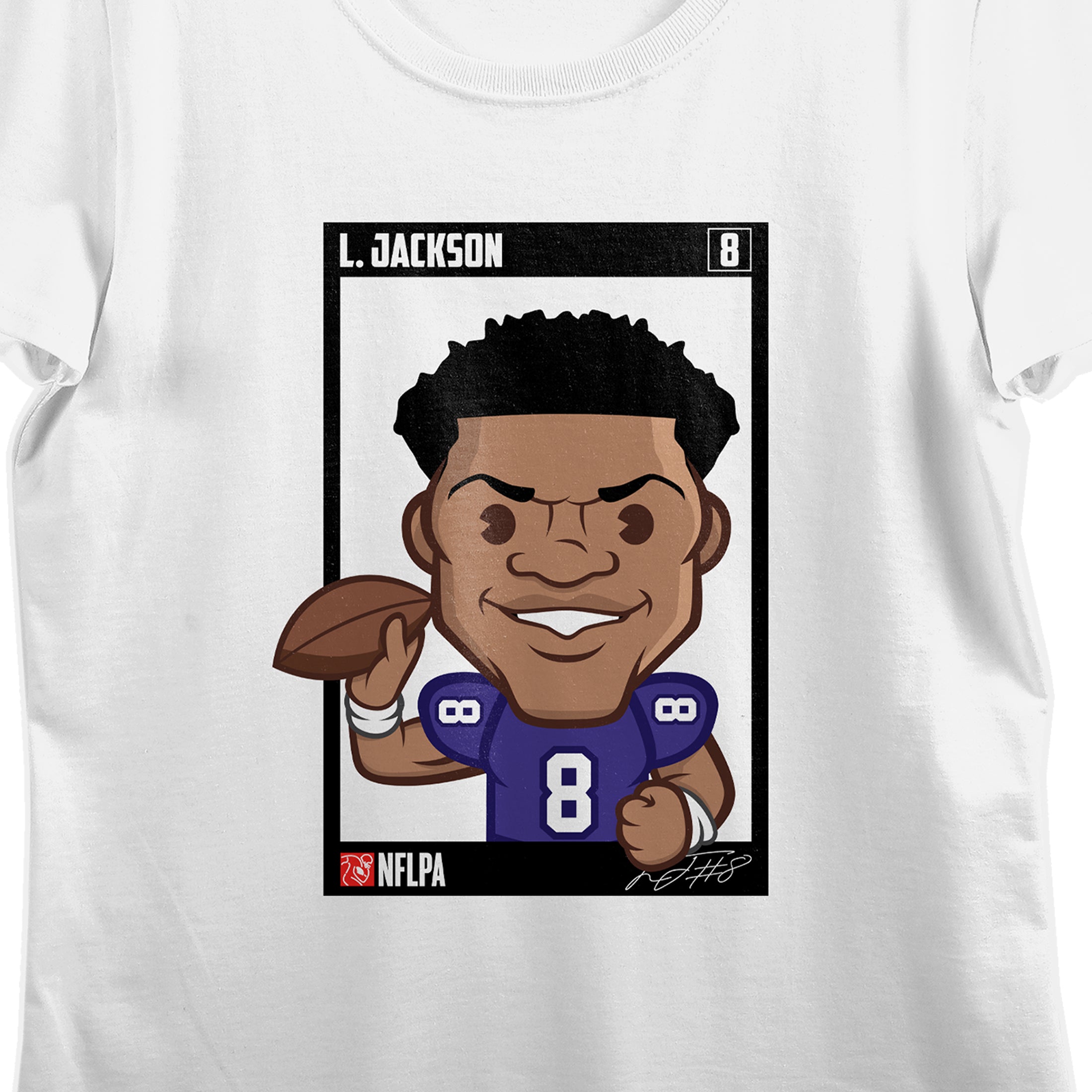 NFLPA Lamar Jackson Vector Caricature Women's White Crew Neck Short Sleeve T-shirt